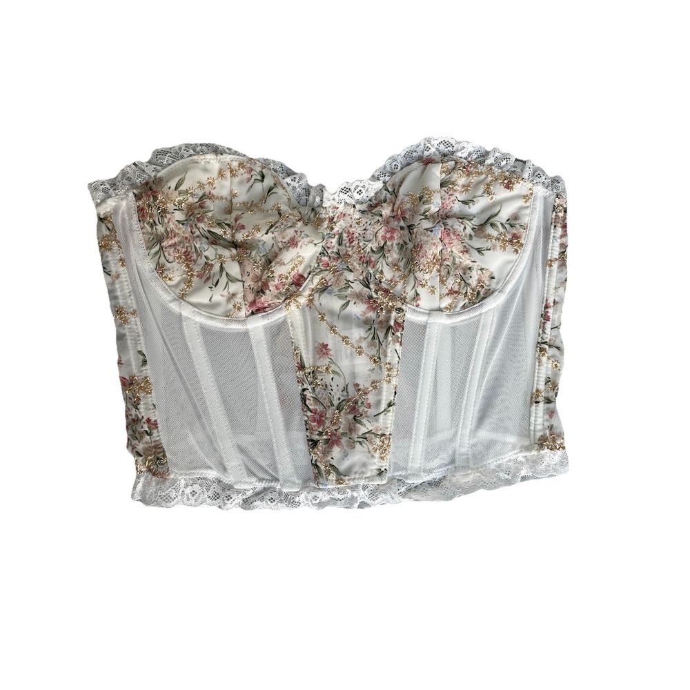 Floral Lace Corset Bustier Top L | Sheer Mesh Boned | Cottagecore Coquette Fairy